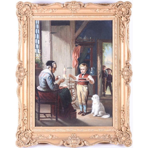 2 - 19th-century Dutch school, ' Spinning Wool' an interior scene depicting an elderly lady with a boy a... 