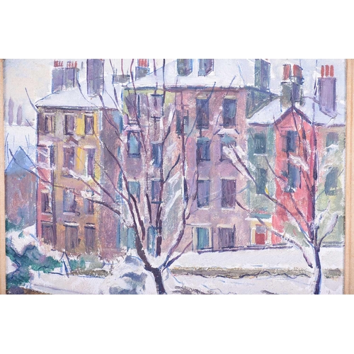 46 - Archibald Ziegler (1903-1971) British, a view of a Continental street, with houses behind wintry tre... 