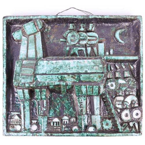 55 - 'Cseko'?, a modernist earthenware abstract rectangular wall plaque, with relief decoration of a styl... 