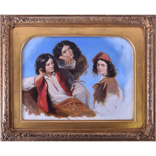 40 - 19th century Continental school, an unfinished study of three young men, initialled 'PG', oil, 22.3 ... 