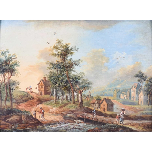 55 - 19th century Continental School Two gilt framed landscape scenes, both depicting Continental town sc... 
