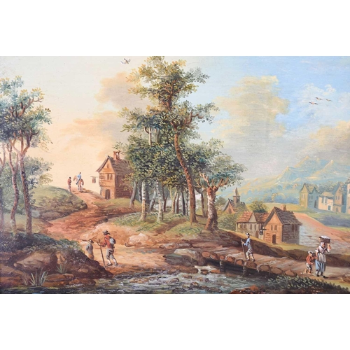 55 - 19th century Continental School Two gilt framed landscape scenes, both depicting Continental town sc... 