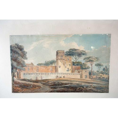 23 - Attributed to John Varley 1778-1842) British, a rural continental scene depicting a city wall, water... 