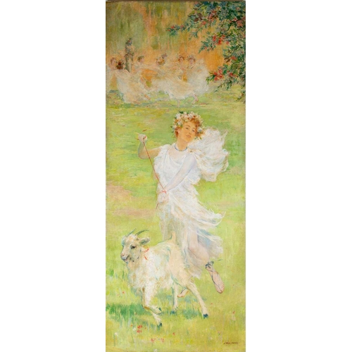 30 - Julio Vila y Prades (1873-1930) Spanish, 'Summer Idyll', a young shepherdess with a lamb, figures da... 