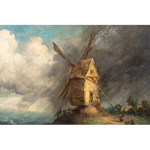 32 - 19th century English School, a stormy scene of a windmill on a hilltop with figures, an extensive la... 
