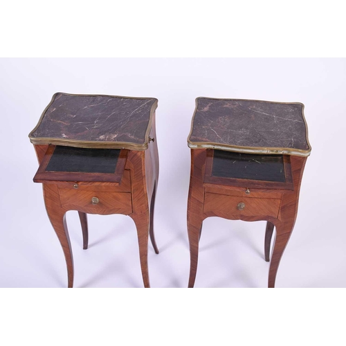 101 - A pair of French kingwood and marble topped bedside tables, early 20th century, with gilt metal fitt... 