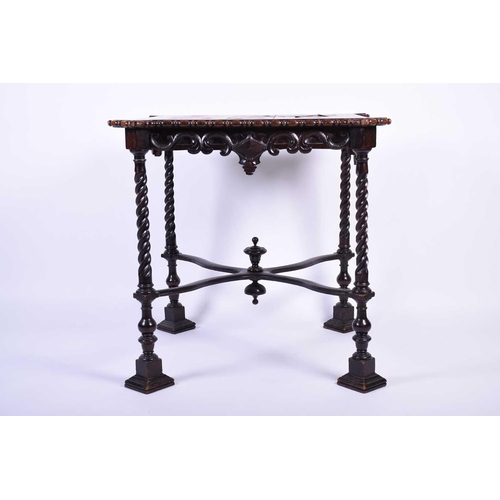 116 - An oak parquetry top table, 19th century, the square top with pronounced corners, the edge with appl... 