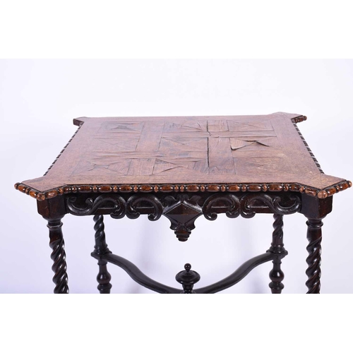 116 - An oak parquetry top table, 19th century, the square top with pronounced corners, the edge with appl... 