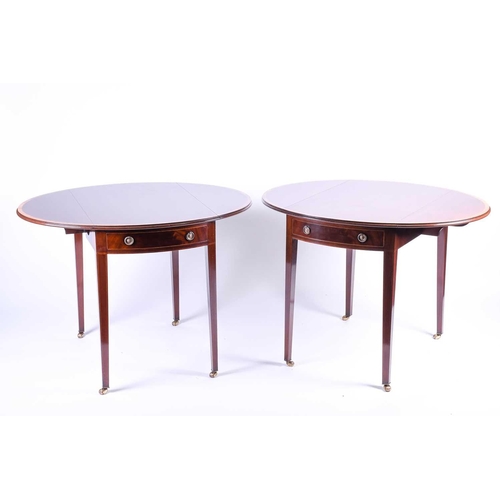 120 - A pair of reproduction mahogany Pembroke tables, the well figured tops with crossbanded and strung e... 