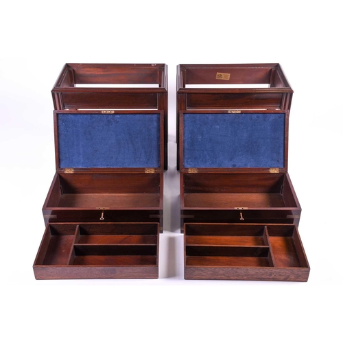 122 - A pair of 20th century campaign style boxes on stands, with brass mounts and lift compartmentalised ... 