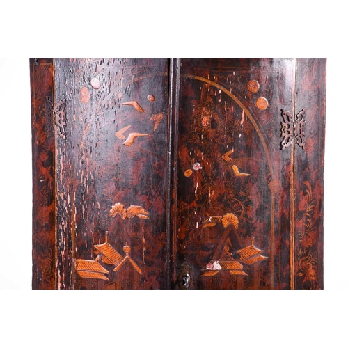 124 - An early 19th century lacquered chinoiserie corner cupboard, with painted and shelved interior, 93 c... 