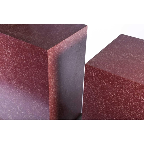 128 - A pair of faux rouge marble effect pedestals / plinths, of rectangular form, composite materials, 90... 