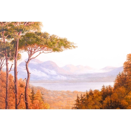 13 - A large 19th century landscape, an autumnal forest with a lake and mountains to the background, unsi... 