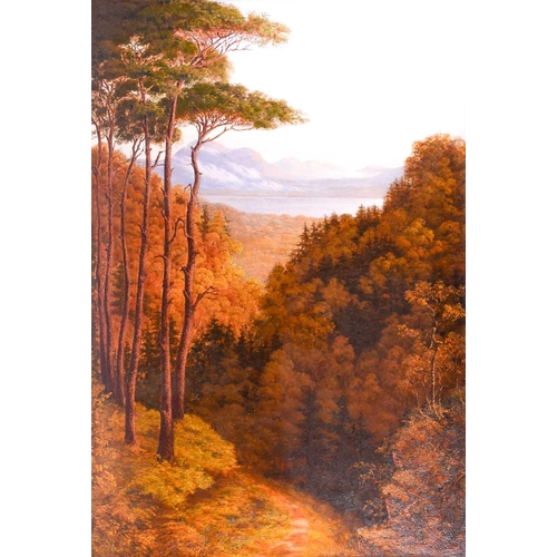 13 - A large 19th century landscape, an autumnal forest with a lake and mountains to the background, unsi... 