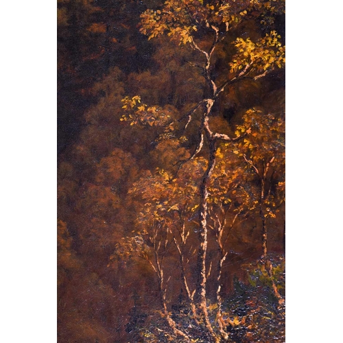 13 - A large 19th century landscape, an autumnal forest with a lake and mountains to the background, unsi... 