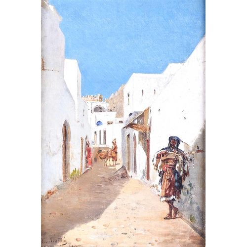 15 - Emilio Sivilla Torres (1845-1894) Spanish, a North African village scene, oil on panel, signed to lo... 