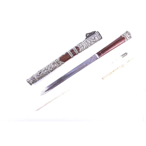 161 - A Chinese knife and chopstick set, the case with embossed white metal mounts decorated with dragons ... 