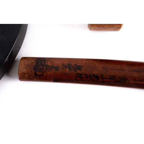 164 - A Japanese Samurai student wood tanto shape short staff, both sides inscribed with calligraphy, 36.4... 