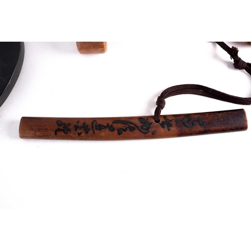 164 - A Japanese Samurai student wood tanto shape short staff, both sides inscribed with calligraphy, 36.4... 