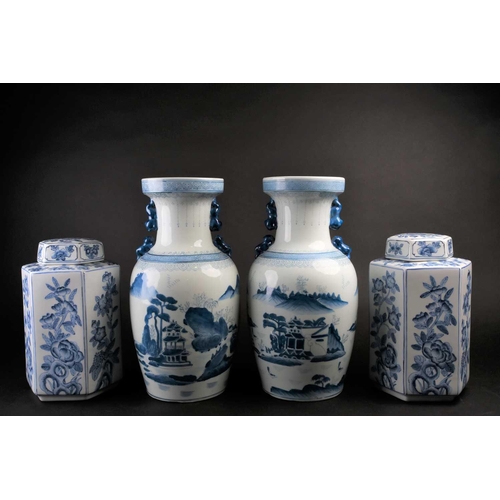 166 - A pair of decorative modern Chinese blue and white landscape vases and a pair of Chinese hexagonal v... 