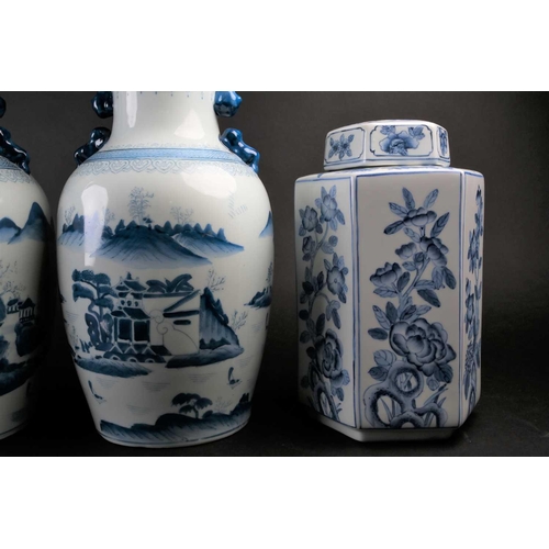 166 - A pair of decorative modern Chinese blue and white landscape vases and a pair of Chinese hexagonal v... 