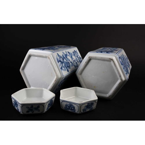 166 - A pair of decorative modern Chinese blue and white landscape vases and a pair of Chinese hexagonal v... 