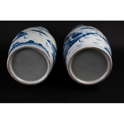 166 - A pair of decorative modern Chinese blue and white landscape vases and a pair of Chinese hexagonal v... 