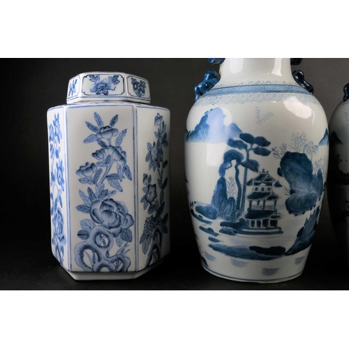 166 - A pair of decorative modern Chinese blue and white landscape vases and a pair of Chinese hexagonal v... 