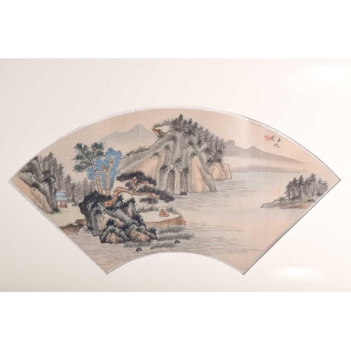 168 - A pair of early 20th Chinese painted silk, fan, leaf panels depicting riverscapes with stands of pin... 