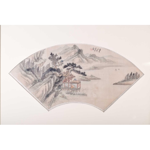 168 - A pair of early 20th Chinese painted silk, fan, leaf panels depicting riverscapes with stands of pin... 