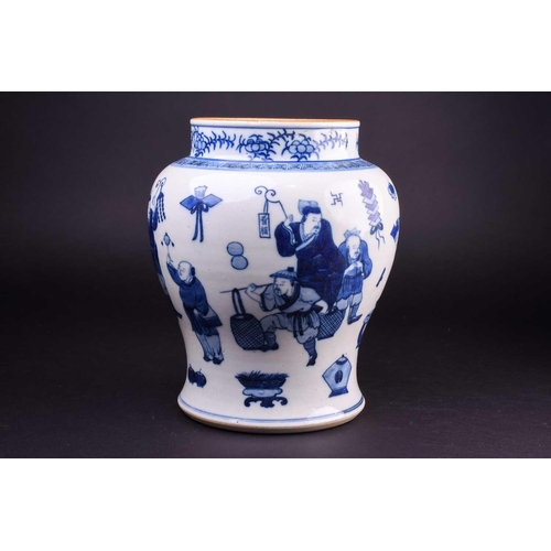 174 - A Chinese blue and white vase, painted with performers and attendants below a brown rim and band of ... 