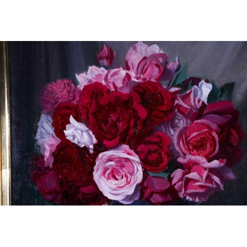 18 - A 20th century still life study, roses in a bowl, oil on board, indistinctly signed, 55 cm x 43 cm i... 