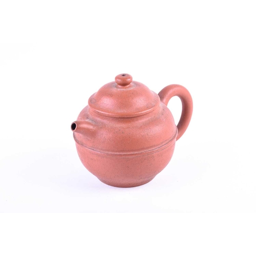 185 - A small Chinese Yixing teapot, the body with a raised band, incised Meng Chen and further marks to t... 