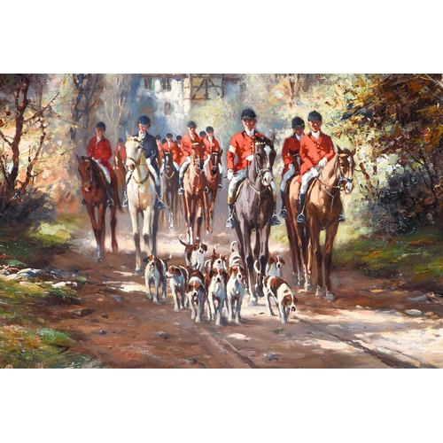 19 - H. Alton? (20th century) fox hunters and hounds in a rural landscape, oil on canvas, 58 cm x 89 cm i... 