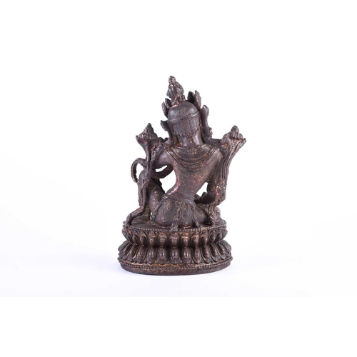 197 - A Sino Tibetan bronze figure of Boddhisatva tara, on double lotus petal throne, traces of red pigmen... 