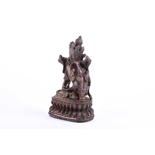 197 - A Sino Tibetan bronze figure of Boddhisatva tara, on double lotus petal throne, traces of red pigmen... 