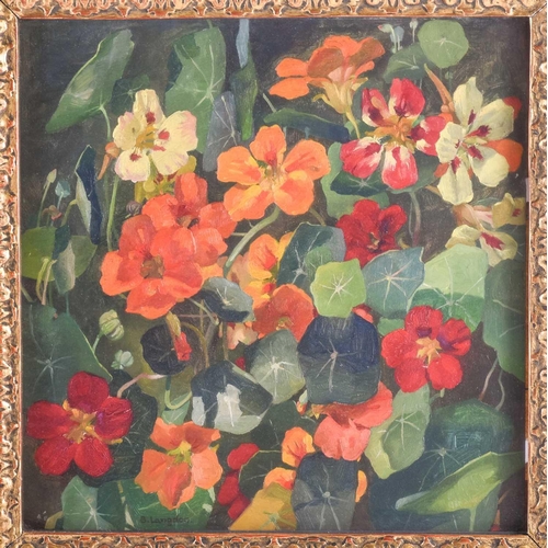 21 - Beatrice Langdon (1898-1986), 'Nasturtiums', still life study, oil on panel, signed to lower edge, 2... 