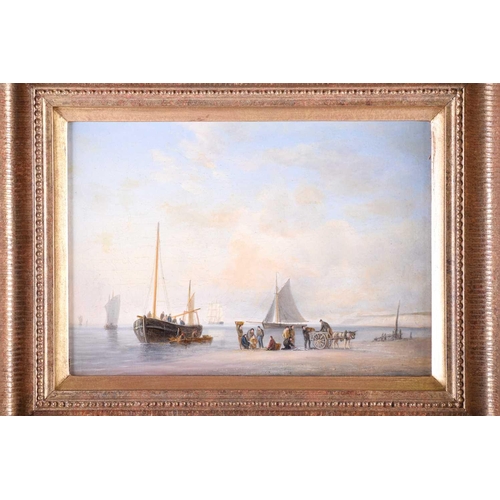 22 - A pair of 19th century nautical paintings, unsigned oils on canvas, each depicting figures on the sh... 