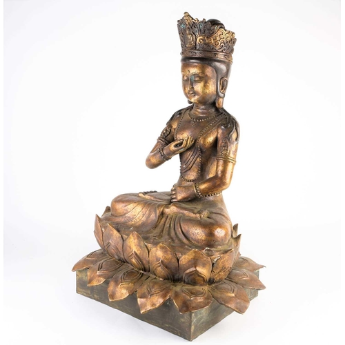 268 - A Chinese bronze figure of Avalokitesvara, 20th century, seated in mudra pose on a double lotus thro... 