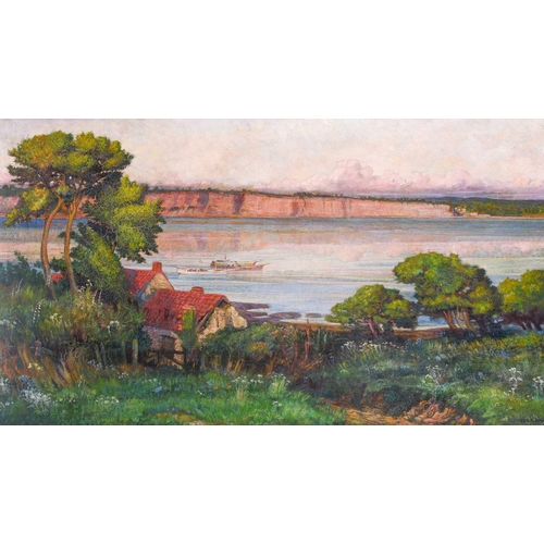 28 - 20th century school, a river landscape in summer, oil on canvas, indistinctly signed, 53 cm x 94 cm ... 