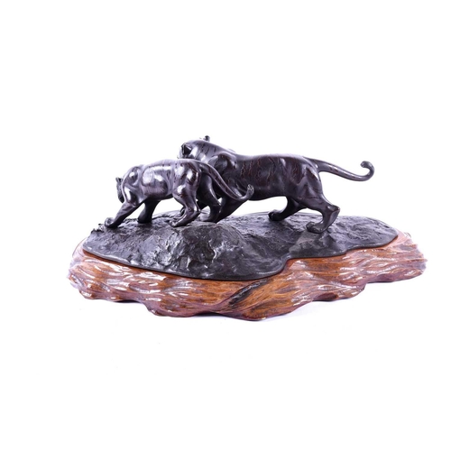 297 - A Japanese bronze group of two tigers, Meiji period, naturalistically modelled prowling by the side ... 