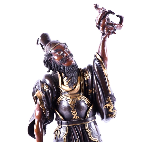 298 - A good Japanese bronze figure of Shoki the Demon Queller, Meiji period, well modellled holding aloft... 