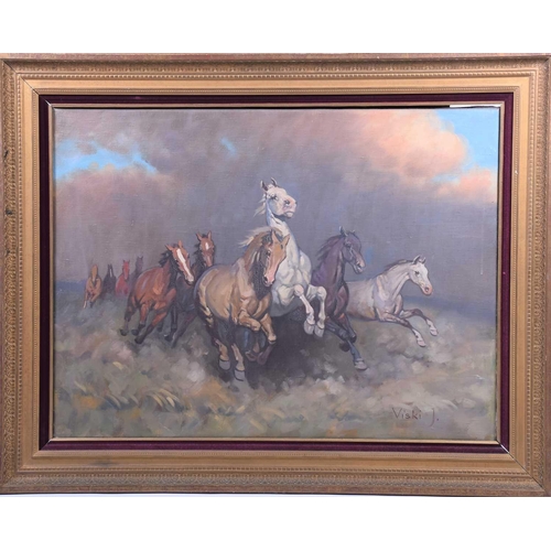 3 - Janos Viski (1891-1987) Hungarian, a group of wild horses, oil on canvas, signed to lower right corn... 