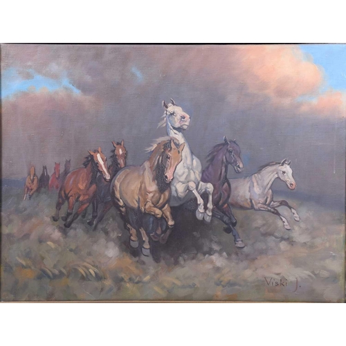 3 - Janos Viski (1891-1987) Hungarian, a group of wild horses, oil on canvas, signed to lower right corn... 