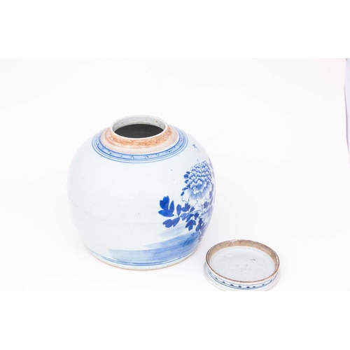 306 - A Chinese blue & white ginger jar and matched cover, 19th century, the cover painted with a lotus fl... 