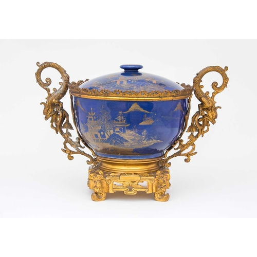 307 - A Chinese powder blue bowl and cover, Kangxi, early 18th century, in 19th century French gilt ormolu... 