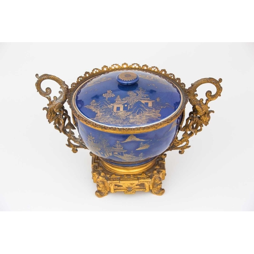 307 - A Chinese powder blue bowl and cover, Kangxi, early 18th century, in 19th century French gilt ormolu... 