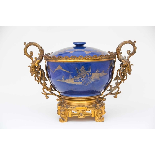 307 - A Chinese powder blue bowl and cover, Kangxi, early 18th century, in 19th century French gilt ormolu... 