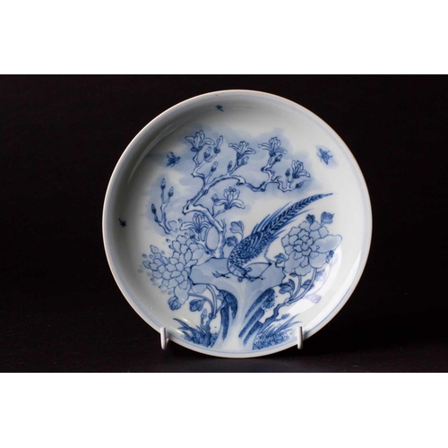 316 - A Chinese blue and white saucer dish, painted with a pheasant perched on rockwork surrounded by blos... 