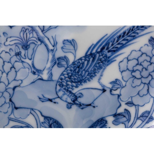 316 - A Chinese blue and white saucer dish, painted with a pheasant perched on rockwork surrounded by blos... 